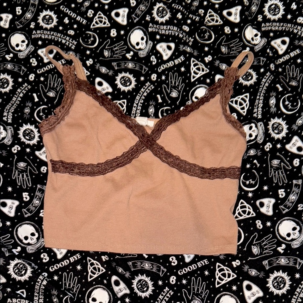 Full Tilt Tan and Brown Lace Cropped Tank Top